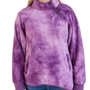 Green Tea M Women's Mock Neck Tie-Dye Purple Soft Fleece Pullover Sweatshirt Top